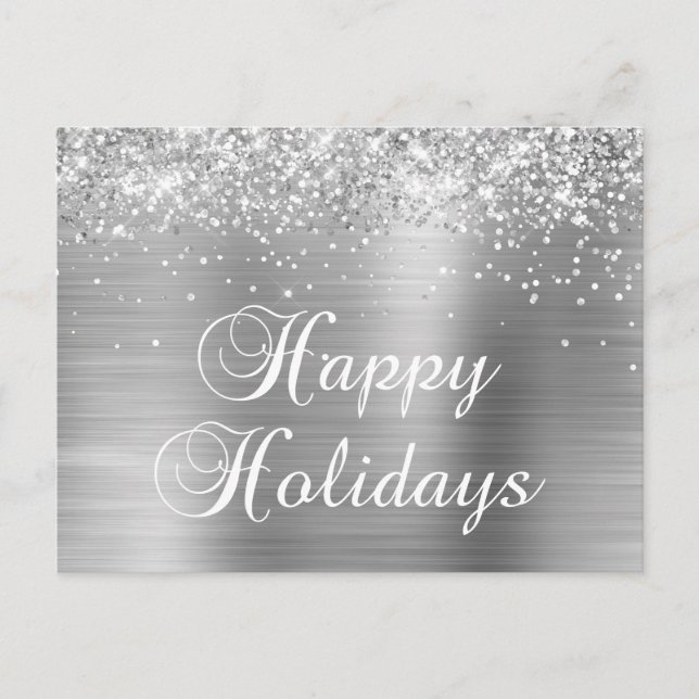 Happy Holidays Silver Glittery Faux Foil Holiday Postcard (Front)