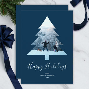 Happy Holidays Simple Blue Christmas Tree Photo Holiday Card