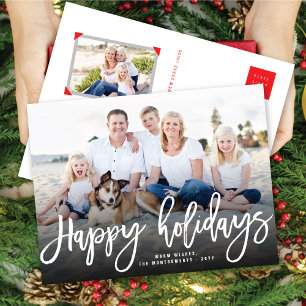 Happy Holidays Simple Brush Script Modern Photo Holiday Postcard