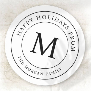 Happy Holidays Simple Chic Family Monogram Classic Round Sticker