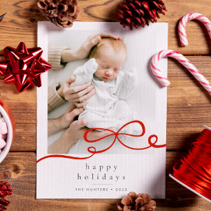 Happy Holidays Simple Red Ribbon Christmas Photo Holiday Card