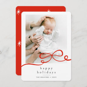 Happy Holidays Simple Red Ribbon Photo Rounded Holiday Card