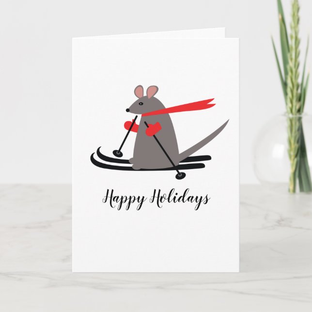 Happy Holidays Ski Mouse Christmas Greeting Card (Front)