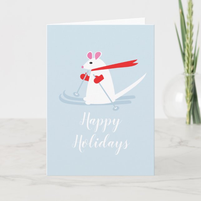 Happy Holidays Ski Mouse Christmas Greeting Card (Front)