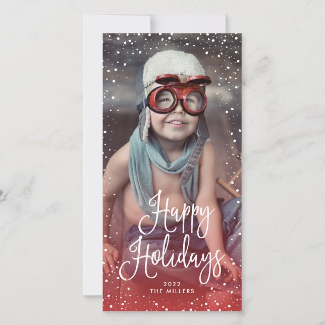Happy Holidays Snow Photo RED Holiday Card (Front)