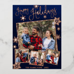 Happy Holidays Snowflake 4 Photos Collage Family F Foil Holiday Postcard<br><div class="desc">Rustic chic calligraphy on wood texture,  family photo collage Christmas postcard. Easy to personalise with your details. PLEASE NOTE: For assistance on orders,  shipping,  product information,  etc.,  contact Zazzle Customer Care directly.</div>