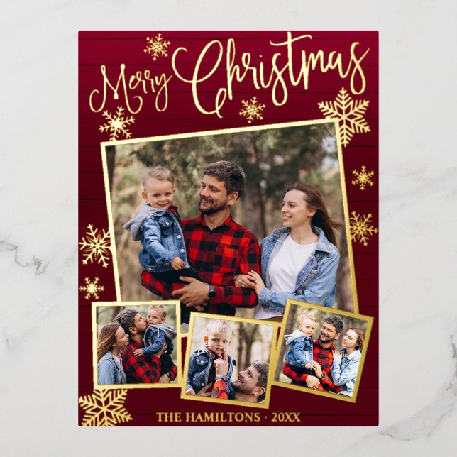 Happy Holidays Snowflake 4 Photos Collage Foil Holiday Postcard (Front)