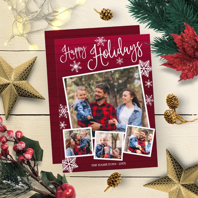 Happy Holidays Snowflake 4 Photos Collage Rustic Invitation (Creator Uploaded)