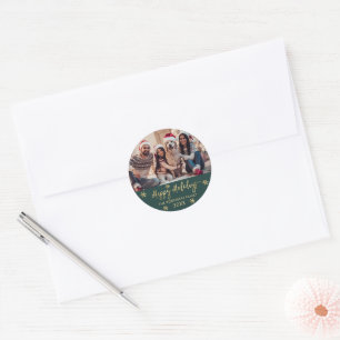 Happy Holidays Snowflake Green and Gold Photo Classic Round Sticker