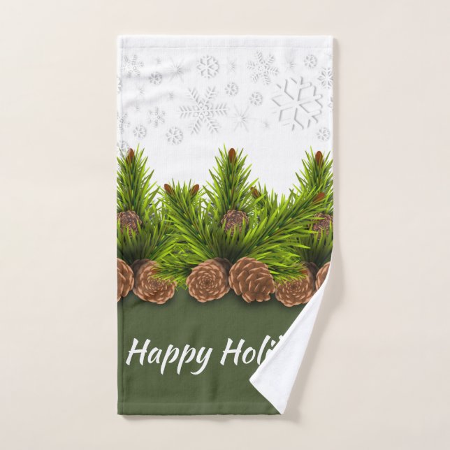 Happy Holidays Snowflakes and Pinecones  Hand Towel (Hand Towel)