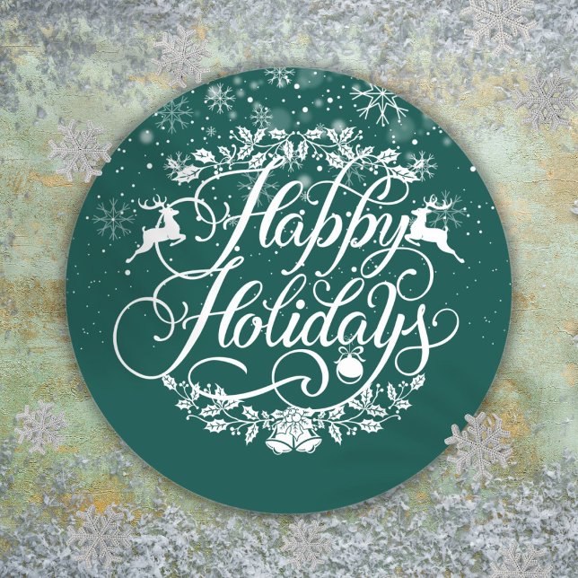 Happy Holidays Snowflakes Green Christmas Classic Round Sticker (Happy Holidays Snowflakes Green Christmas Classic Round Sticker)