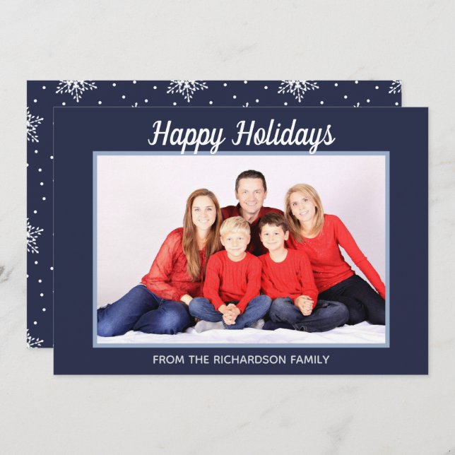 Happy Holidays Snowflakes Navy Blue Photo Frame Holiday Card (Front/Back)