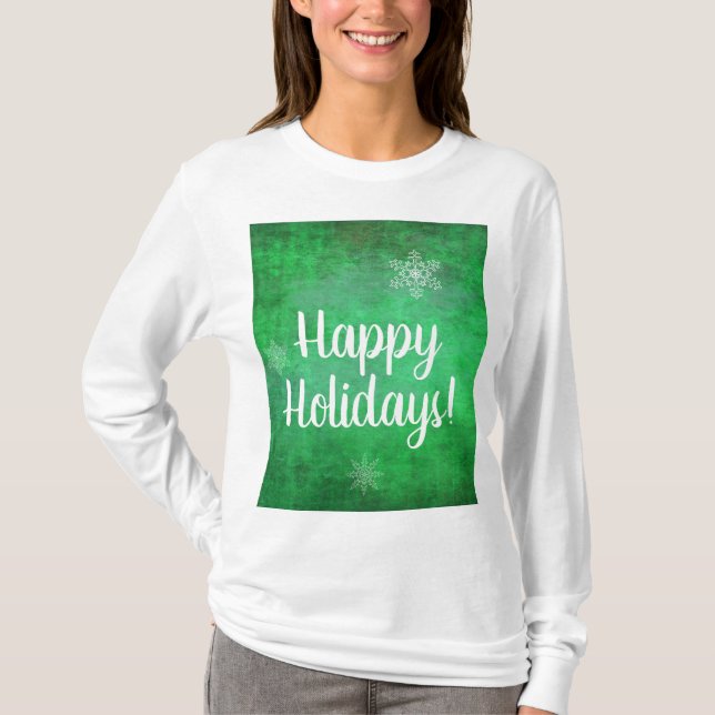Happy Holidays Snowflakes on Green T-Shirt (Front)