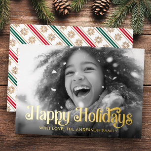 Happy Holidays snowflakes red green stripes photo