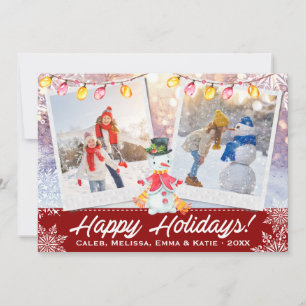 Happy Holidays Snowman 2-Photo Collage Red White Holiday Card