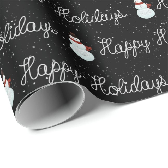 Happy Holidays snowman and rope text on black Wrapping Paper (Roll Corner)
