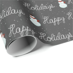 Happy Holidays snowman and rope text on grey Wrapping Paper