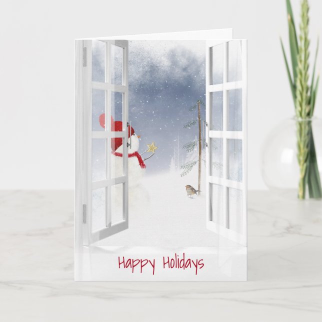 Happy Holidays snowman in window Card (Front)