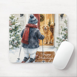 Happy Holidays Snowman on Skis Mouse Pad