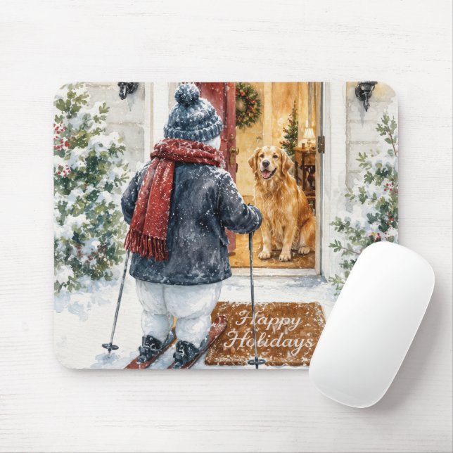 Happy Holidays Snowman on Skis Mouse Pad (With Mouse)