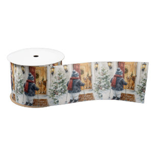Happy Holidays Snowman on Skis Satin Ribbon