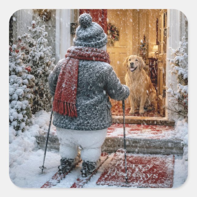 Happy Holidays Snowman on Skis Square Sticker (Front)