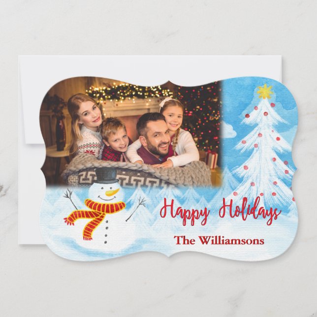 Happy Holidays Snowman Photo Fancy Christmas Holiday Card (Front)