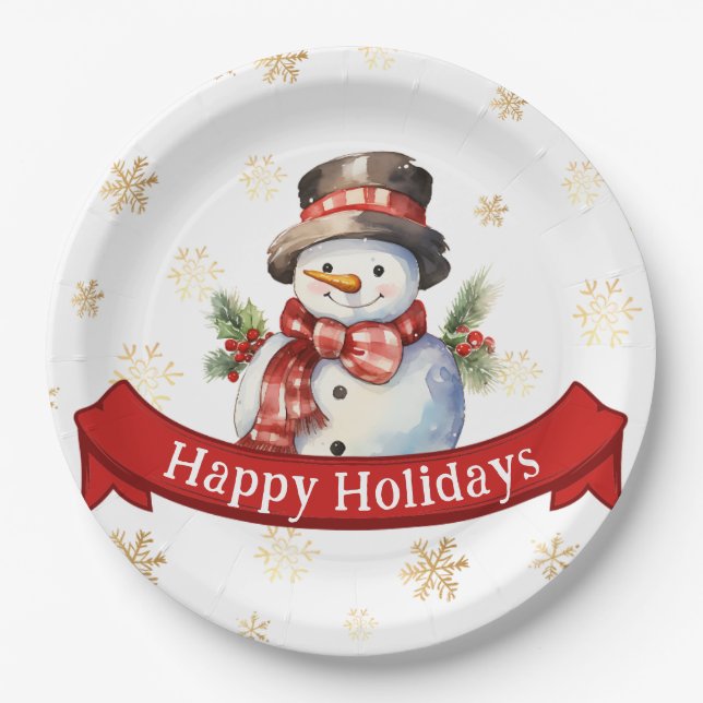 Happy Holidays Snowman Red & Gold Christmas Party Paper Plate (Front)