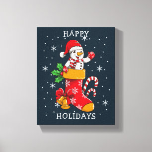 Happy Holidays Snowman Stockings Candy Canes Canvas Print