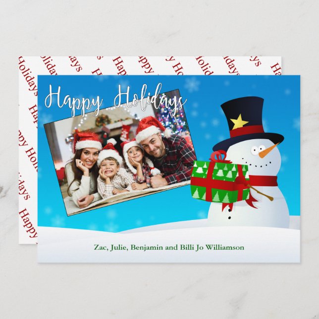 Happy Holidays Snowman With a Gift and Your Photo Holiday Card (Front/Back)