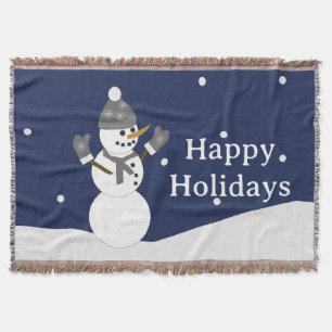Happy Holidays Snowman with mittens Throw Blanket