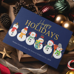 Happy Holidays Snowmen Blue Corporate Christmas Holiday Card