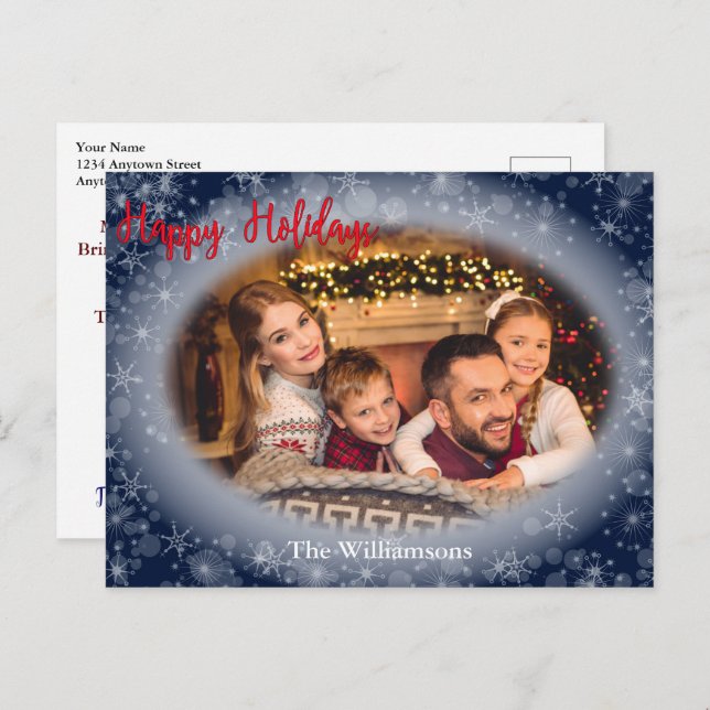 Happy Holidays Snowy Blue Photo Frame Christmas Postcard (Front/Back)