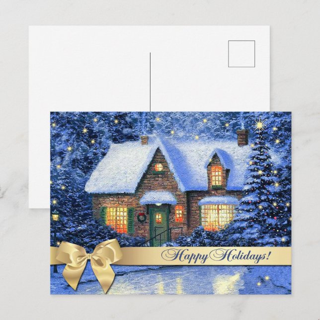 Happy Holidays. Snowy Village Painting Christmas Postcard (Front/Back)