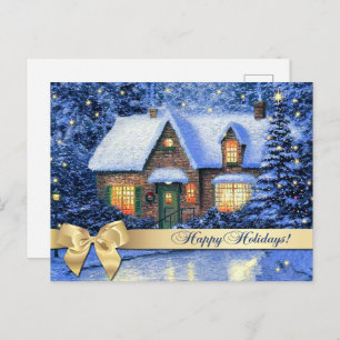 Happy Holidays. Snowy Village Painting Christmas Postcard