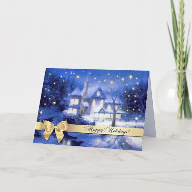 Happy Holidays. Snowy Village Scene Christmas Holiday Card (Front)
