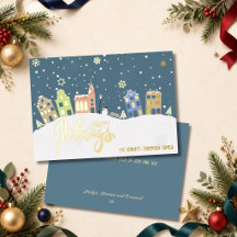 Happy Holidays Snowy Village Scene Teal and Gold