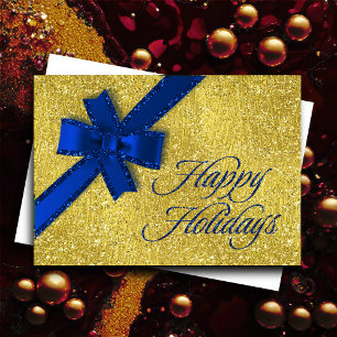 Happy Holidays Sparkly Gold Royal Blue Glitter Bow Holiday Card