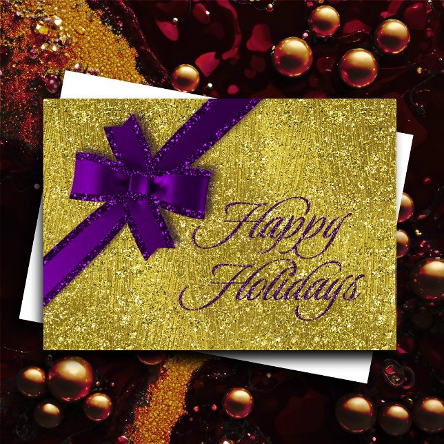 Happy Holidays Sparkly Gold w Purple Glittery Bow Holiday Card (Creator Uploaded)