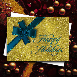 Happy Holidays Sparkly Gold w Teal Glittery Bow Holiday Card