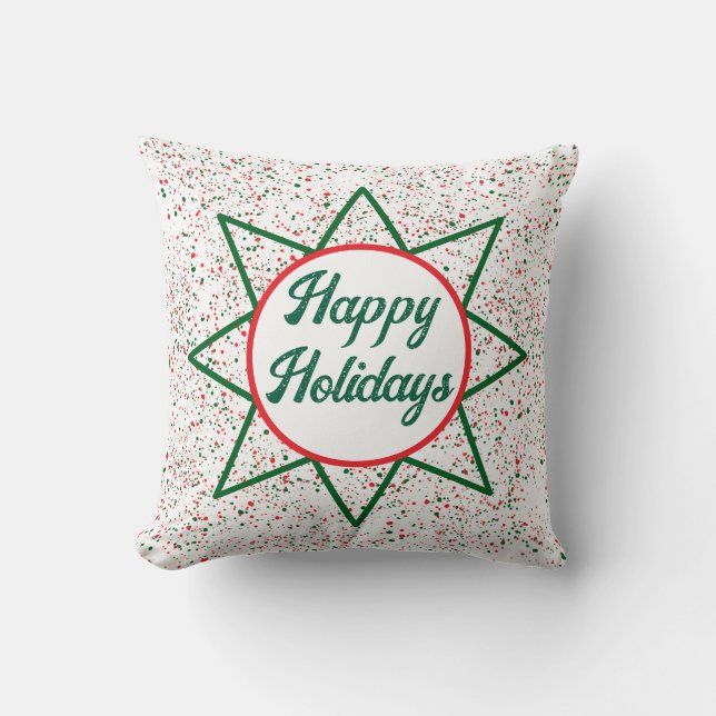 Happy Holidays / Star /  Green Red Splatter Cushion (Front)