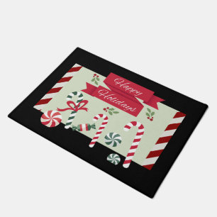 Happy Holidays Stripes Peppermint Candy Cane Holly Doormat