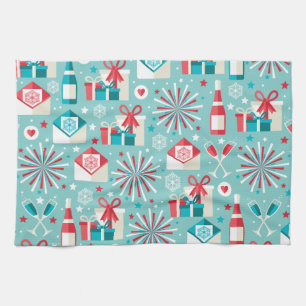 Happy Holidays Teal Blue and Red Pattern Tea Towel