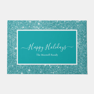 Happy Holidays teal glitter script family name  Doormat