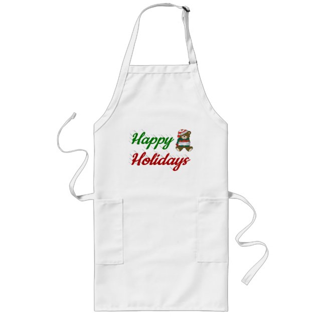 Happy Holidays Teddy Bear Christmas script Long Apron (Front)