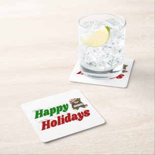 Happy Holidays Teddy Bear Christmas typography Square Paper Coaster