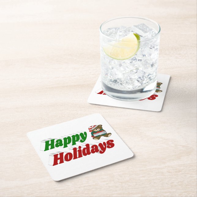 Happy Holidays Teddy Bear Christmas typography  Square Paper Coaster (Insitu)