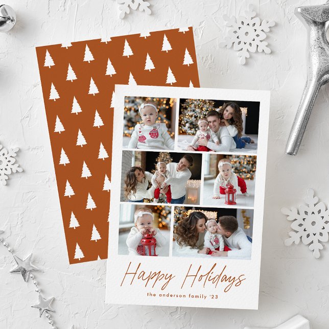 Happy Holidays Terracotta Script 6 Photo Collage Holiday Card (Creator Uploaded)