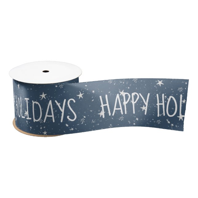 HAPPY HOLIDAYS Text With Stars Satin Ribbon (Spool)