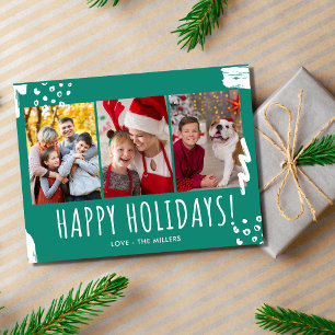 Happy Holidays Three Photo Family Christmas Holiday Postcard